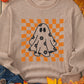 Khaki Checkerboard Floral Ghost Graphic Corded Halloween Sweatshirt