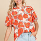 Orange Floral Bubble Sleeve Frill Neck Loose Blouse