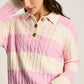 Pink Stripe Cable Knit Collared Henley Sweater