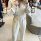 Lapel V neck Collar Shirred Drawstring Waist Jumpsuit