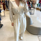 Lapel V neck Collar Shirred Drawstring Waist Jumpsuit