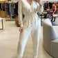 Lapel V neck Collar Shirred Drawstring Waist Jumpsuit