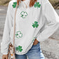 White Sequin Clover Patched Drop Shoulder Corded Sweatshirt