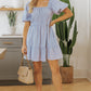 Sky Blue Stripe Bubble Sleeve Square Neck Ruched Pocketed Babydoll Dress