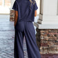 Navy Blue Raw Hem Loose Tee and Wide Leg Pants Set