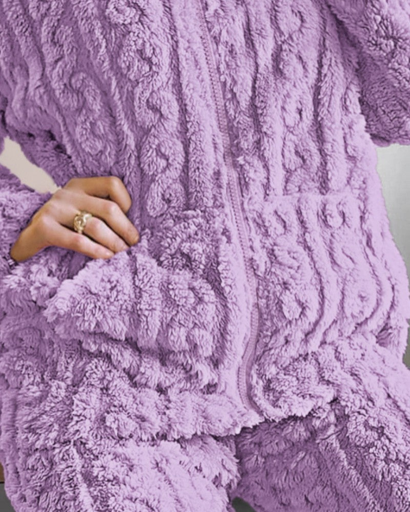 2PCS Jacquard Textured Stand Collar Zip Up Fuzzy Teddy Top & Pants Set