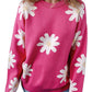 Bright Pink Daisy Flower Crew Neck Long Sleeve Sweater