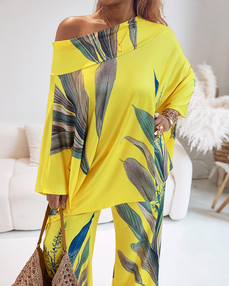 2 Pieces Outfit Abstract Print Cold Shoulder Batwing Sleeve Top and Casual Wide Leg Pants Set