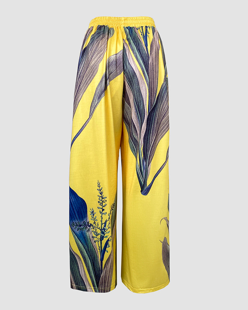 2 Pieces Outfit Abstract Print Cold Shoulder Batwing Sleeve Top and Casual Wide Leg Pants Set