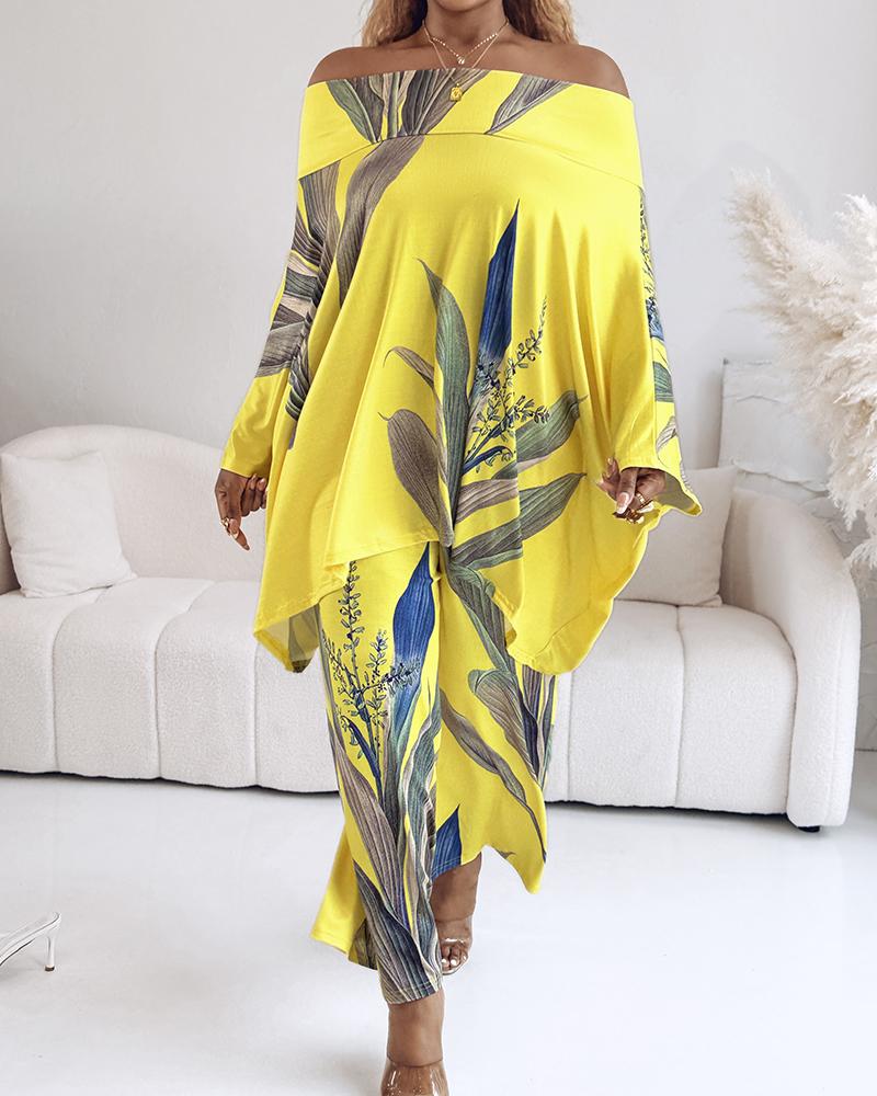 2 Pieces Outfit Abstract Print Cold Shoulder Batwing Sleeve Top and Casual Wide Leg Pants Set