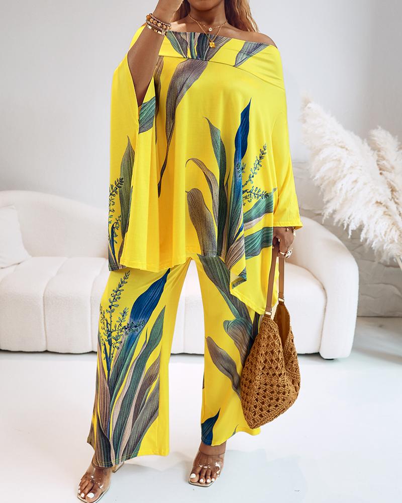 2 Pieces Outfit Abstract Print Cold Shoulder Batwing Sleeve Top and Casual Wide Leg Pants Set