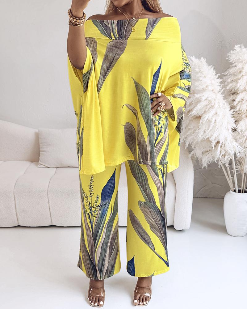 2 Pieces Outfit Abstract Print Cold Shoulder Batwing Sleeve Top and Casual Wide Leg Pants Set