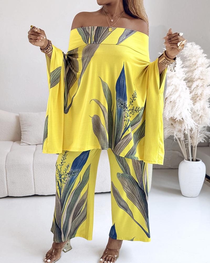 2 Pieces Outfit Abstract Print Cold Shoulder Batwing Sleeve Top and Casual Wide Leg Pants Set