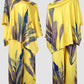 2 Pieces Outfit Abstract Print Cold Shoulder Batwing Sleeve Top and Casual Wide Leg Pants Set