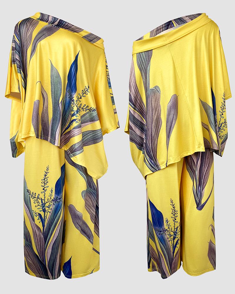 2 Pieces Outfit Abstract Print Cold Shoulder Batwing Sleeve Top and Casual Wide Leg Pants Set