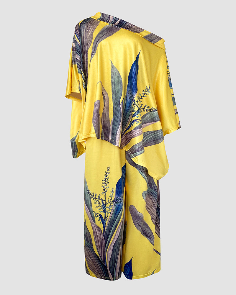 2 Pieces Outfit Abstract Print Cold Shoulder Batwing Sleeve Top and Casual Wide Leg Pants Set