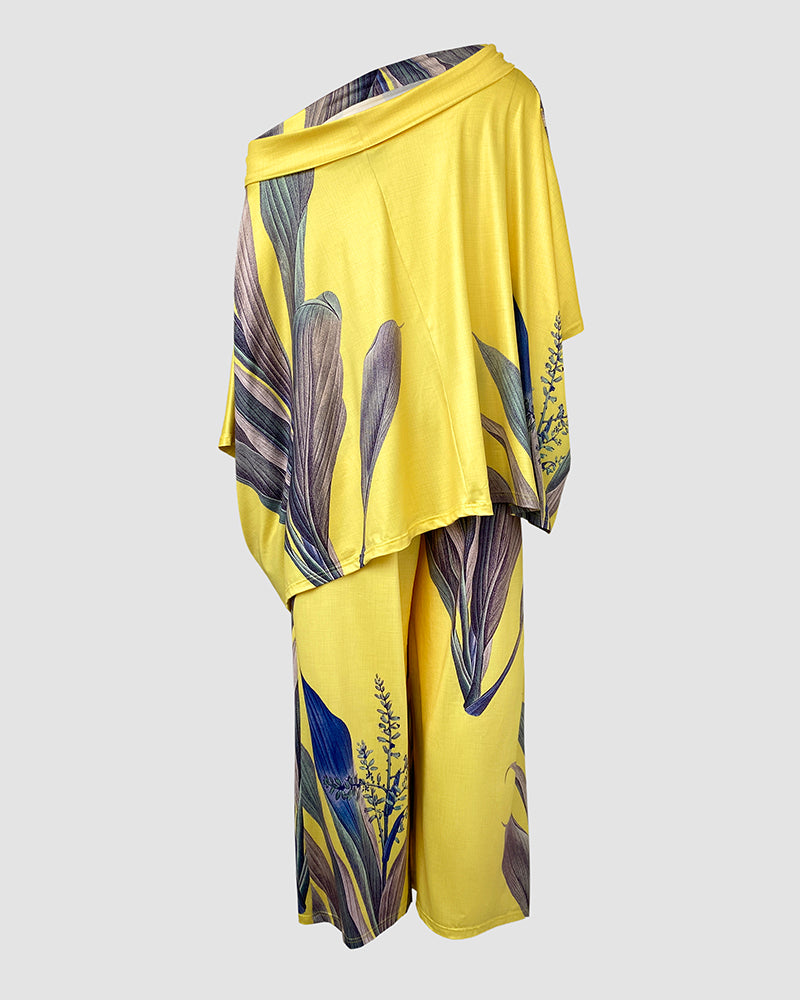 2 Pieces Outfit Abstract Print Cold Shoulder Batwing Sleeve Top and Casual Wide Leg Pants Set