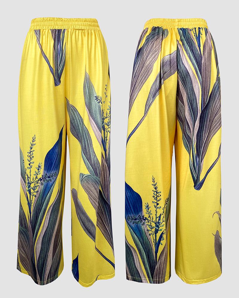 2 Pieces Outfit Abstract Print Cold Shoulder Batwing Sleeve Top and Casual Wide Leg Pants Set