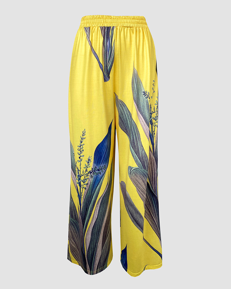 2 Pieces Outfit Abstract Print Cold Shoulder Batwing Sleeve Top and Casual Wide Leg Pants Set