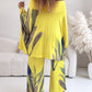 2 Pieces Outfit Abstract Print Cold Shoulder Batwing Sleeve Top and Casual Wide Leg Pants Set