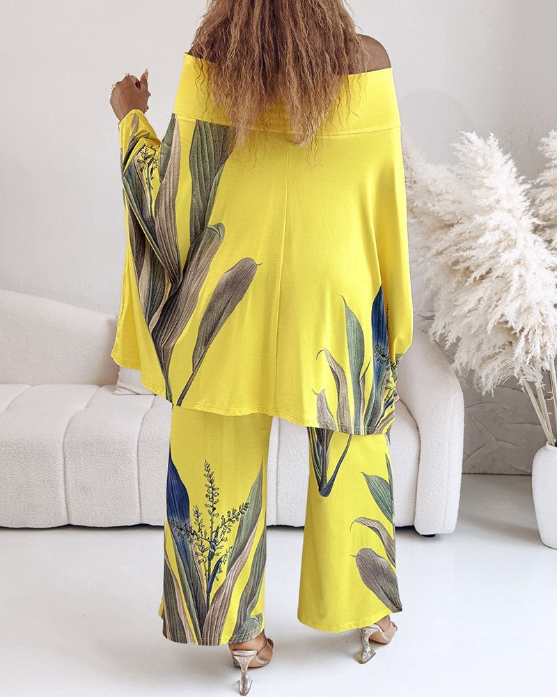 2 Pieces Outfit Abstract Print Cold Shoulder Batwing Sleeve Top and Casual Wide Leg Pants Set