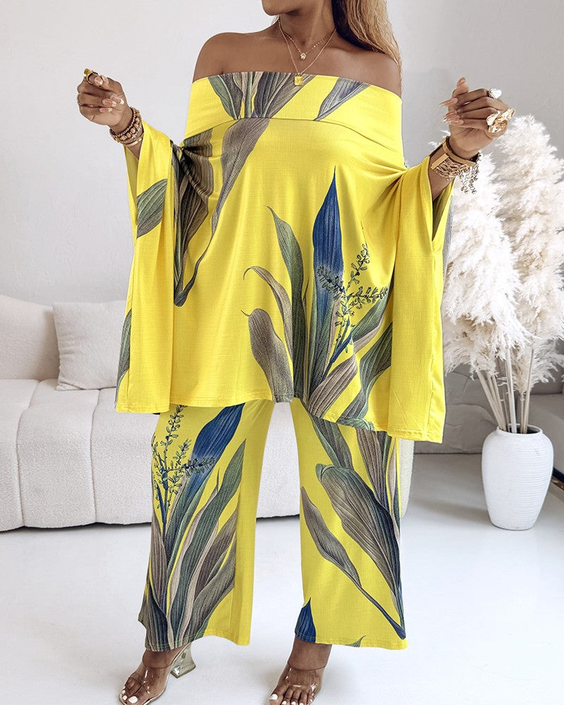 2 Pieces Outfit Abstract Print Cold Shoulder Batwing Sleeve Top and Casual Wide Leg Pants Set