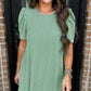 Mint Green Corded Knit Crew Neck Puff Sleeve Shift Mini Dress
