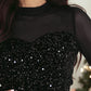 Black Sequin Velvet Sheer Mesh Mock Neck Blouse