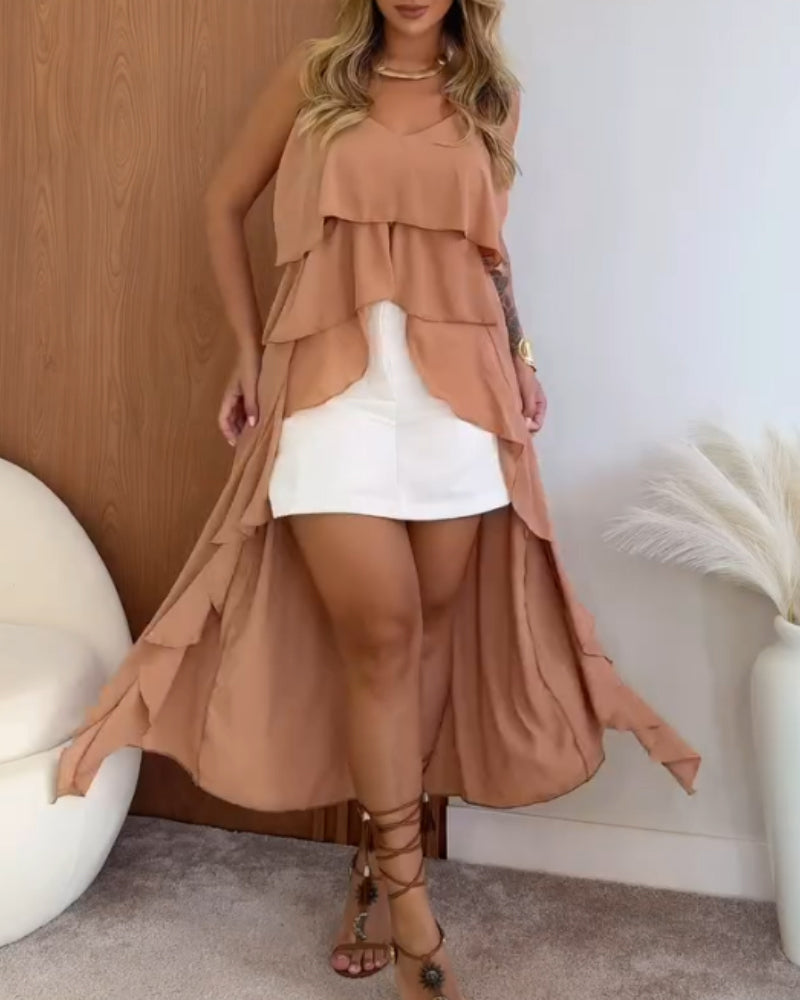 Asymmetrical Ruffles Hem Spaghetti Strap Tank Casual Slit Vacation Top