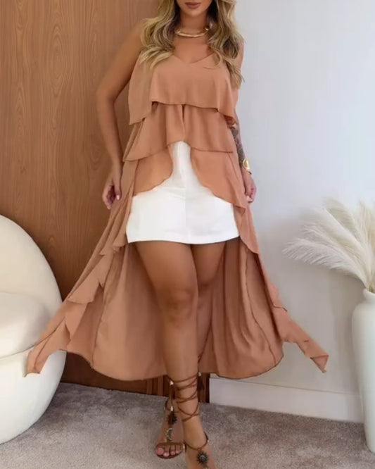 Asymmetrical Ruffles Hem Spaghetti Strap Tank Casual Slit Vacation Top