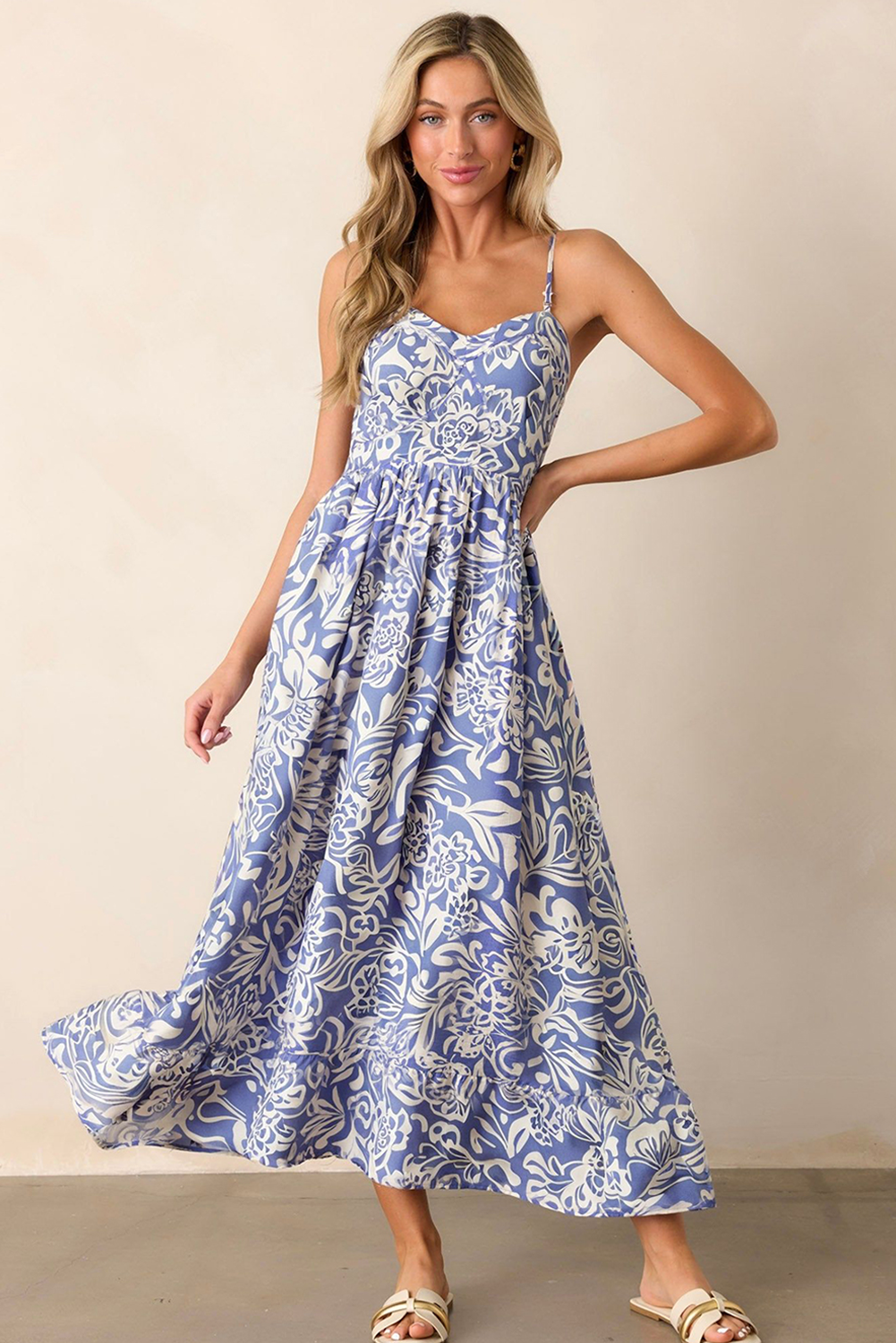 Sky Blue Floral Print Spaghetti Strap High Waist Maxi Dress