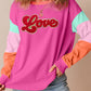 Rose Red Chenille Love Patched Colorblock Long Sleeve Crewneck Top