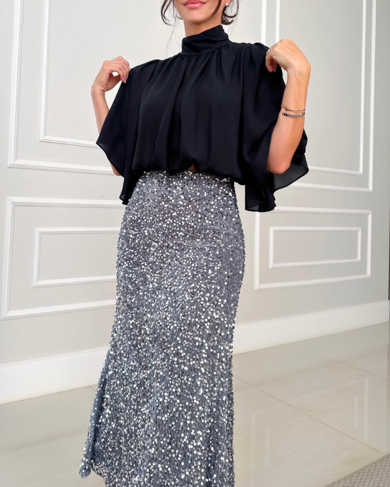 High Neck Batwing Sleeve Ruched Hollow out Back Chiffon Blouse Casual Top