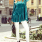 Sea Green Velvet V Neck Peplum Hem Puff Sleeve Blouse