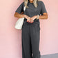 Dark Grey Drawstring Side Crewneck Tee and Loose Pants Set
