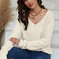 Beige Ribbed Knit V Neck Sweater