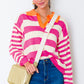 Rose Stripe Color Block Collared V Neck Drop Shoulder Sweater