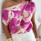 Floral Tie Dye Print Skew Neck Ruched Top