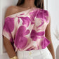 Floral Tie Dye Print Skew Neck Ruched Top