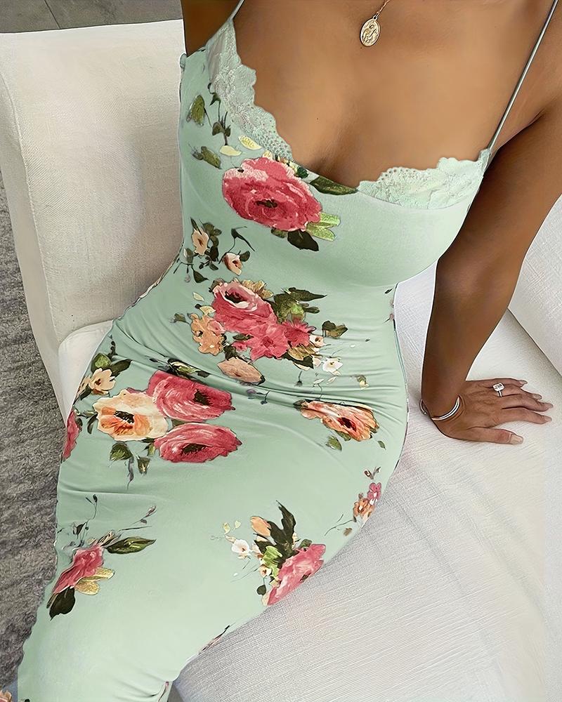 Lace Trim Spaghetti Strap Floral Print Dress