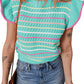 Green Colorful Striped Eyelet Knit Ruffled Sleeve Sweater T Shirt
