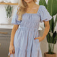 Sky Blue Stripe Bubble Sleeve Square Neck Ruched Pocketed Babydoll Dress