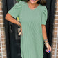 Mint Green Corded Knit Crew Neck Puff Sleeve Shift Mini Dress