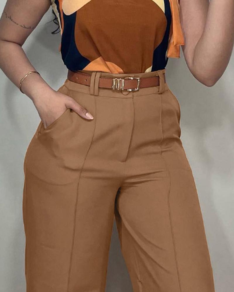 2 Pieces Outfits Colorblock Halter Sleeveless Top and Casual Plain Wide Leg Pants Set