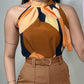 2 Pieces Outfits Colorblock Halter Sleeveless Top and Casual Plain Wide Leg Pants Set
