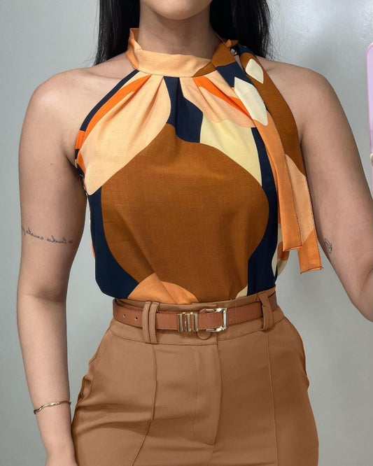 2 Pieces Outfits Colorblock Halter Sleeveless Top and Casual Plain Wide Leg Pants Set