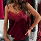 Velvet Contrast Lace V Neck Spaghetti Strap Tank Casual Loose Fit Top