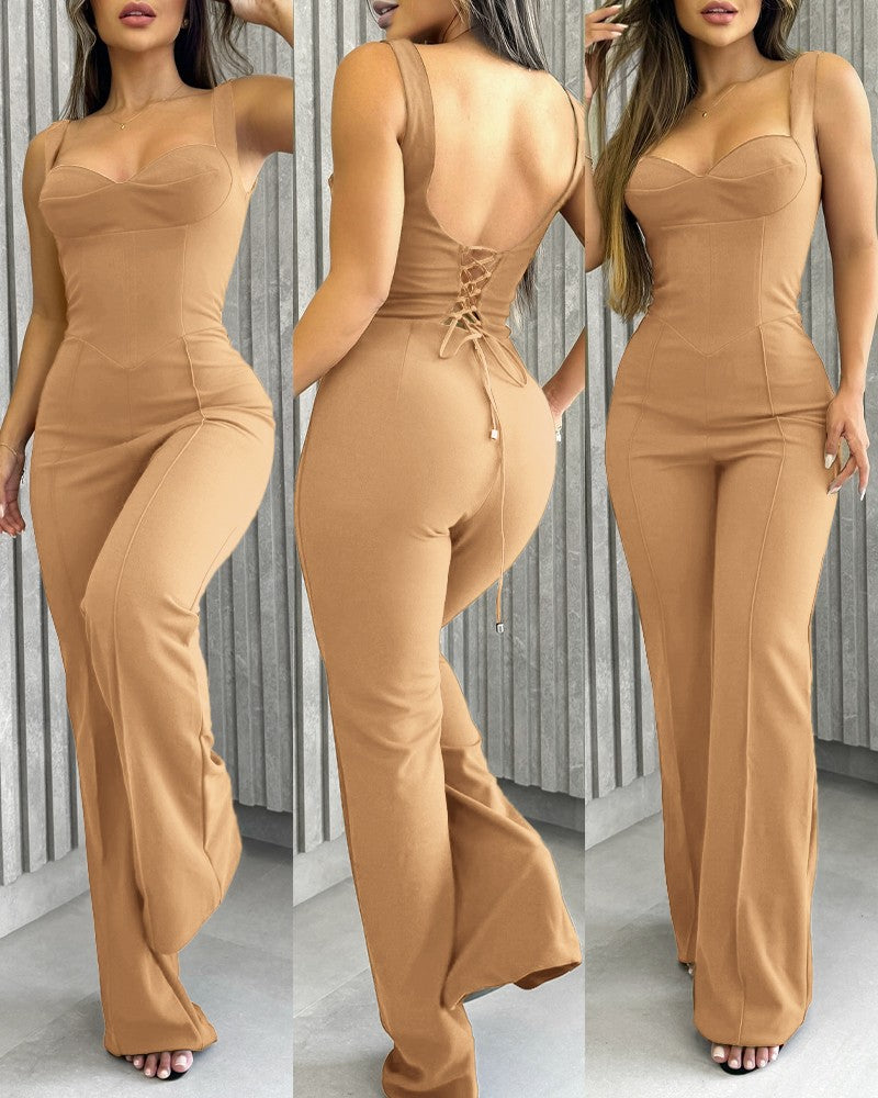 Sweatheart Neck Thick Strap Backless Lace up Jumpsuit