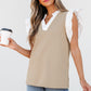 Pale Khaki Contrast V Neck Ruffled Textured Knit Top