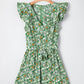 Green Flower Print Flutter Sleeve V Neck Sashed Ruffled Mini Dress